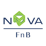 Logo kết hợp chữ 'NOVA' với thiết kế hình khối hình học màu xanh lá cây ở trên chữ 'FnB' màu xanh đậm.