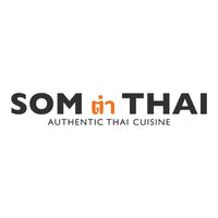 Logo cho nhà hàng Som Thai phục vụ ẩm thực Thái Lan chính hiệu với chữ màu đen và dấu nhấn màu cam.