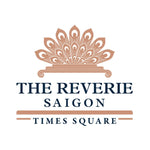 Logo cho The Reverie Saigon Times Square với họa tiết vương miện lông công trang trí bằng vàng hồng.