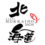 Thiết kế logo cho Sushi Hokkaido Sachi với chữ thư pháp Nhật Bản và biểu tượng cá đỏ.