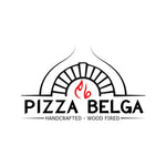 Thiết kế logo màu đen và đỏ cho Pizza Belga với hình vòm lò nướng gạch có ngọn lửa.