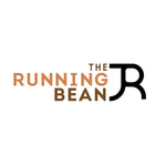 Thiết kế logo văn bản đơn giản với ’THE RUNNING BEAN’ và một chữ ’R’ cách điệu trong tông màu nâu và cam.