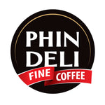 Logo tròn màu đen cho 'Phin Deli Fine Coffee' với chữ trắng và băng rôn màu đỏ.