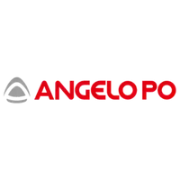 Logo văn bản đỏ 'ANGELO PO' với một biểu tượng tam giác màu xám ở bên trái.