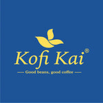 Logo thương hiệu cà phê Yellow Kofi Kai với thiết kế lá và khẩu hiệu 'Hạt tốt, cà phê ngon'