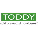 Logo thương hiệu cà phê lạnh Toddy màu xanh và trắng.