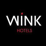 Logo 'WINK HOTELS' màu trắng và đỏ trên nền đen.